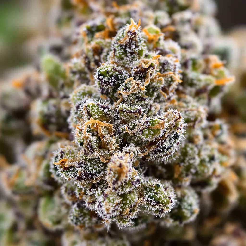 Gros plan de fleur de cannabis Afgooey montrant calices denses aux reflets violets