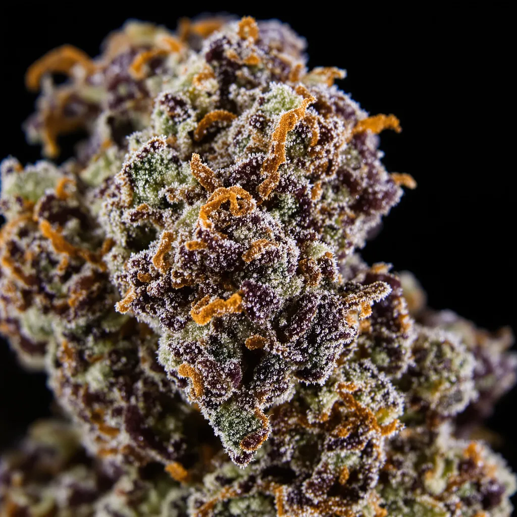 Gros plan de fleur de cannabis Afgooey montrant calices denses aux reflets violets
