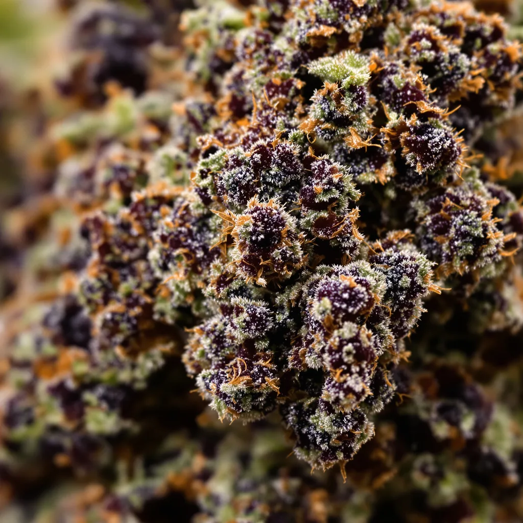 Gros plan de fleur de cannabis Afpak montrant calices denses aux reflets violets