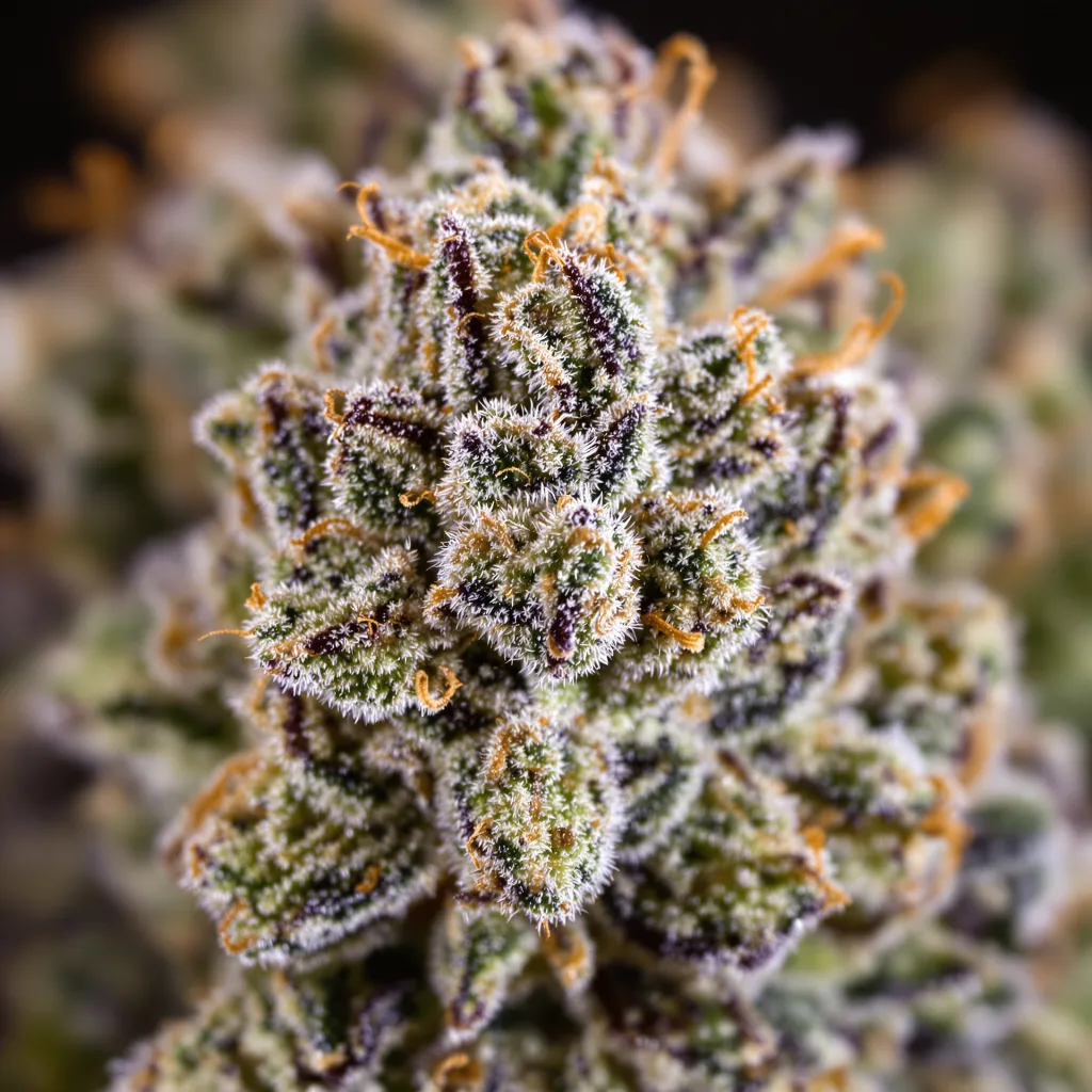 Gros plan de fleur de cannabis Afwreck montrant structure équilibrée avec trichomes givrés