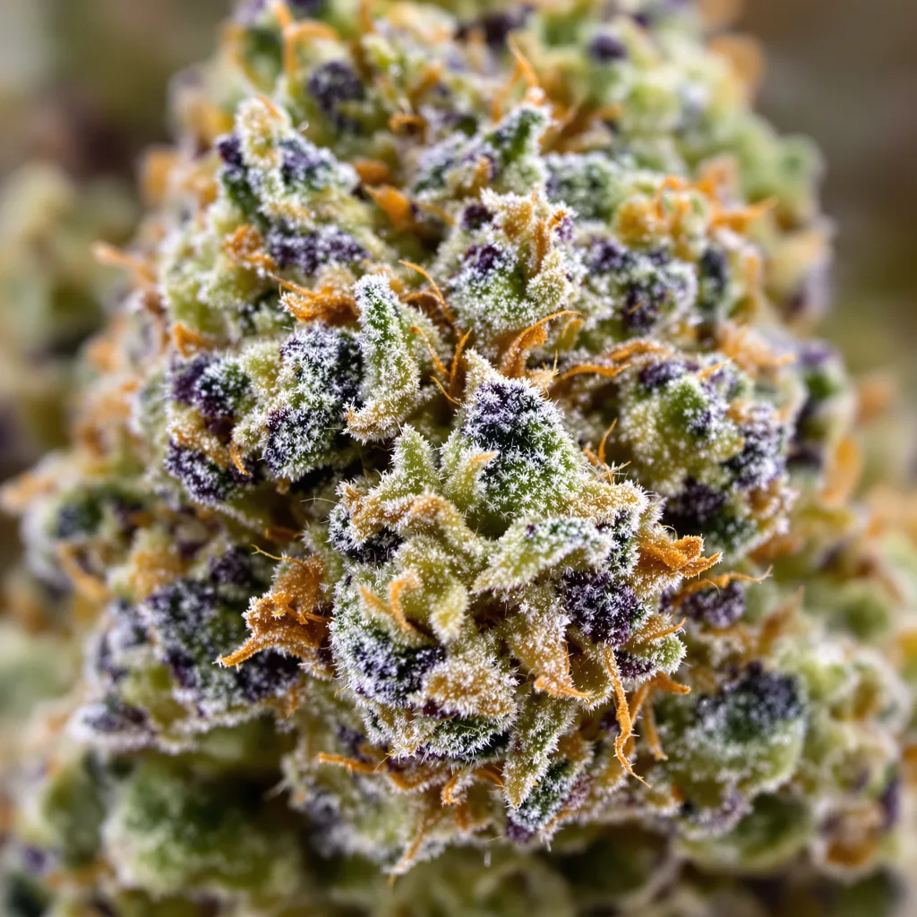 Gros plan de fleur de cannabis Agent Orange montrant nugs denses vert forêt