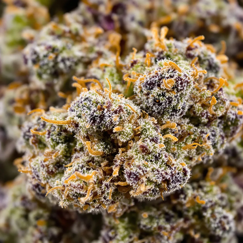 Gros plan de fleur de cannabis Agent Orange montrant nugs denses vert forêt