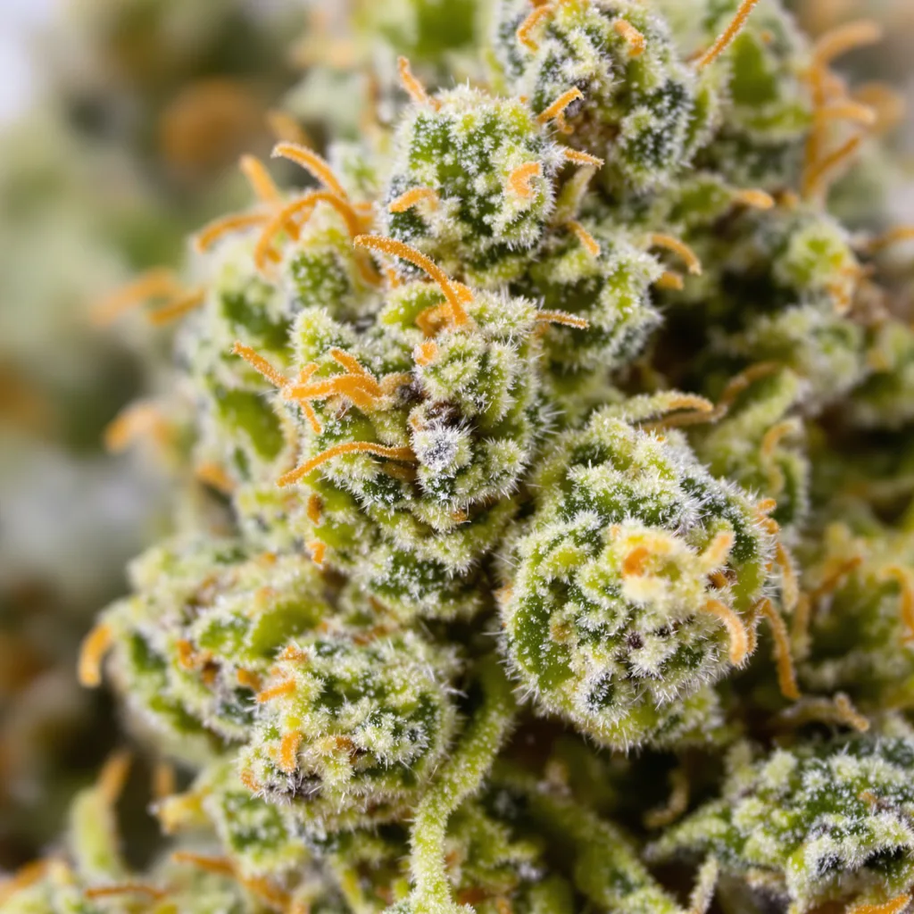 Gros plan de fleur de cannabis Agent Tangie montrant structure aérée vert lime