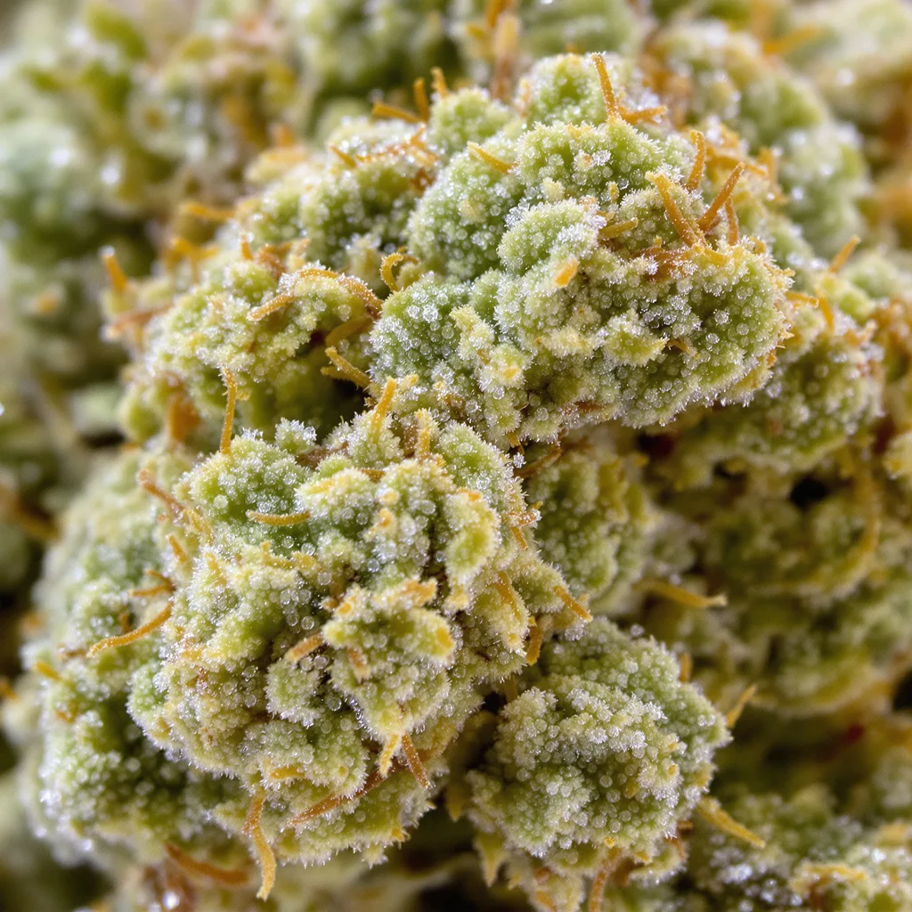 Gros plan de fleur de cannabis Agent Tangie montrant structure aérée vert lime