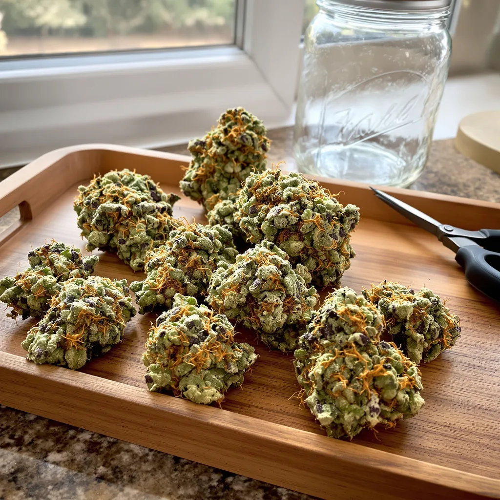 AK-47 48% indica / 52% sativa — fleur avec trichomes visibles