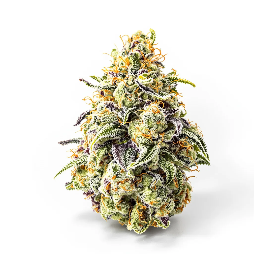 AK-47 48% indica / 52% sativa — fleur avec trichomes visibles
