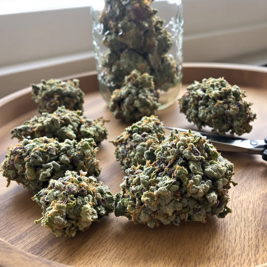 AK-48 51% indica / 49% sativa — fleur avec trichomes visibles