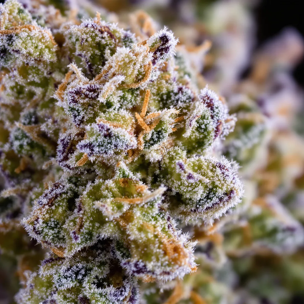 Gros plan de fleur de cannabis AK-48 montrant structure équilibrée avec trichomes givrés