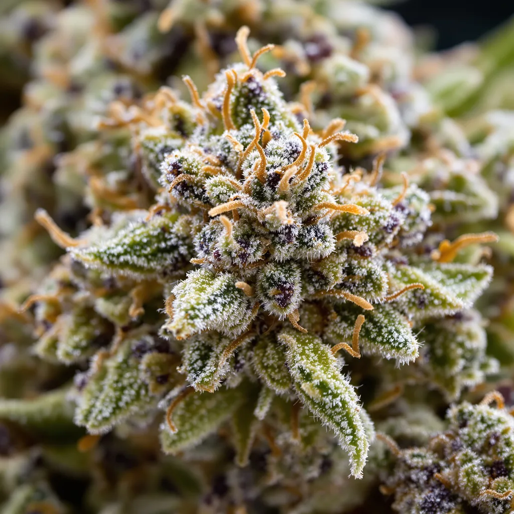 Gros plan de fleur de cannabis AK-48 montrant structure équilibrée avec trichomes givrés