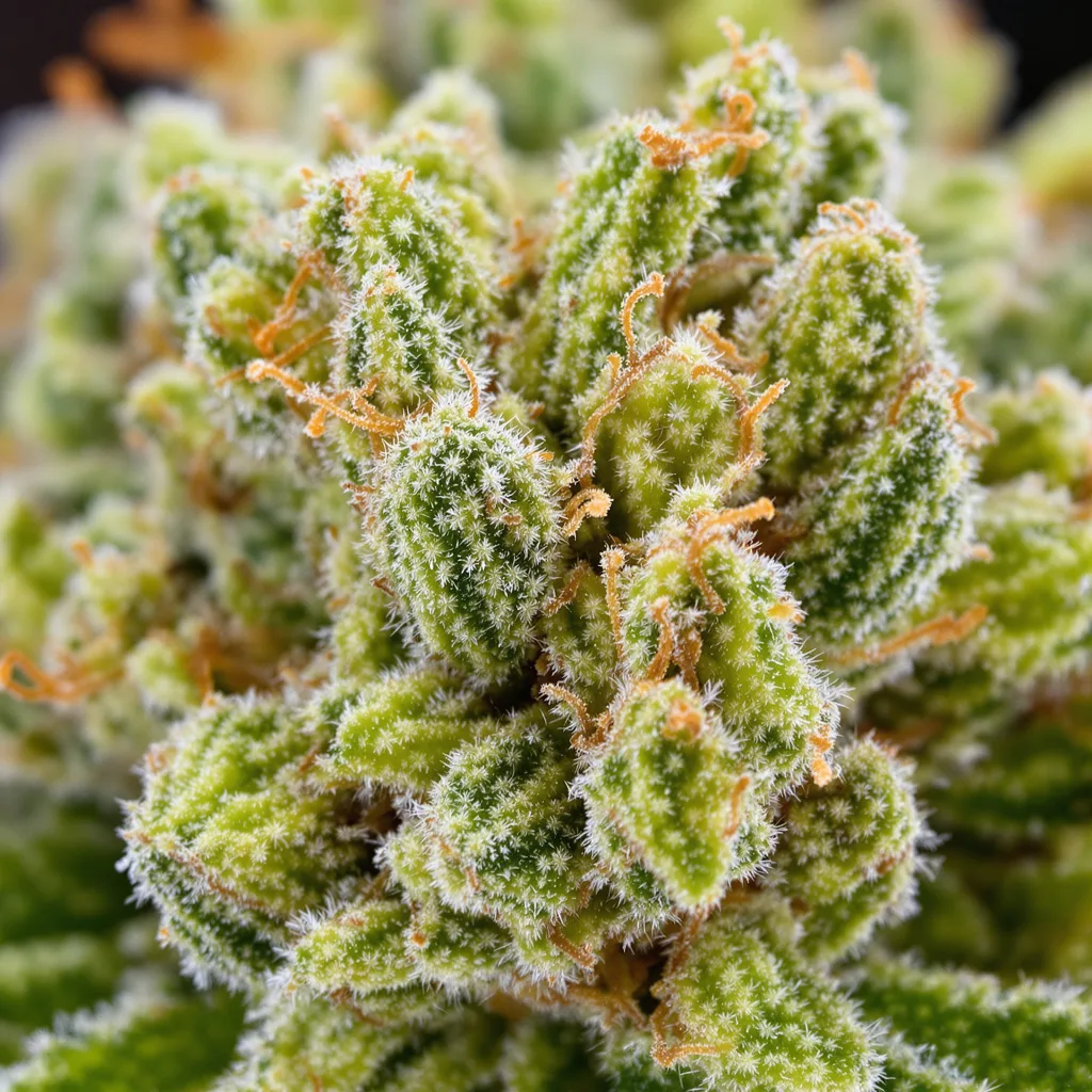 Gros plan de fleur de cannabis AK montrant structure aérée vert lime