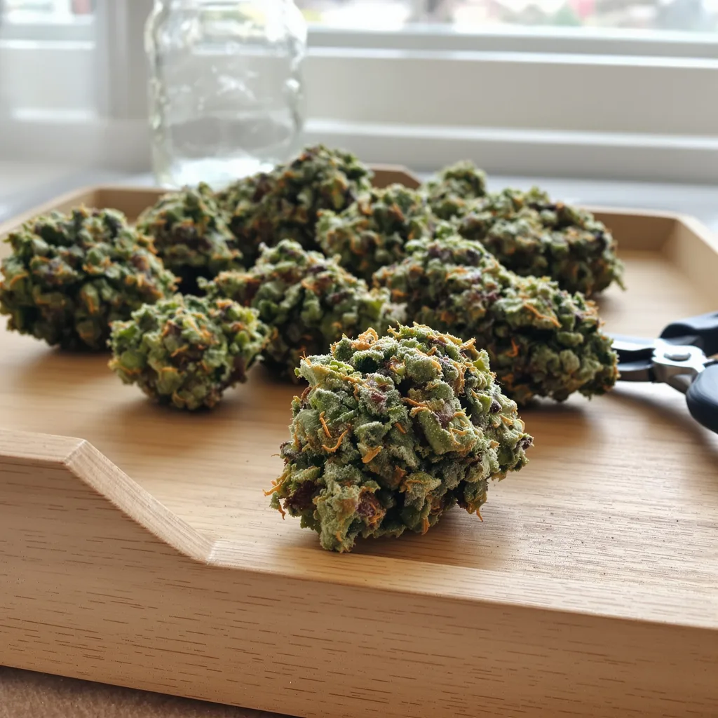 Alaska Thunderfuck 50% indica / 50% sativa — fleur avec trichomes visibles