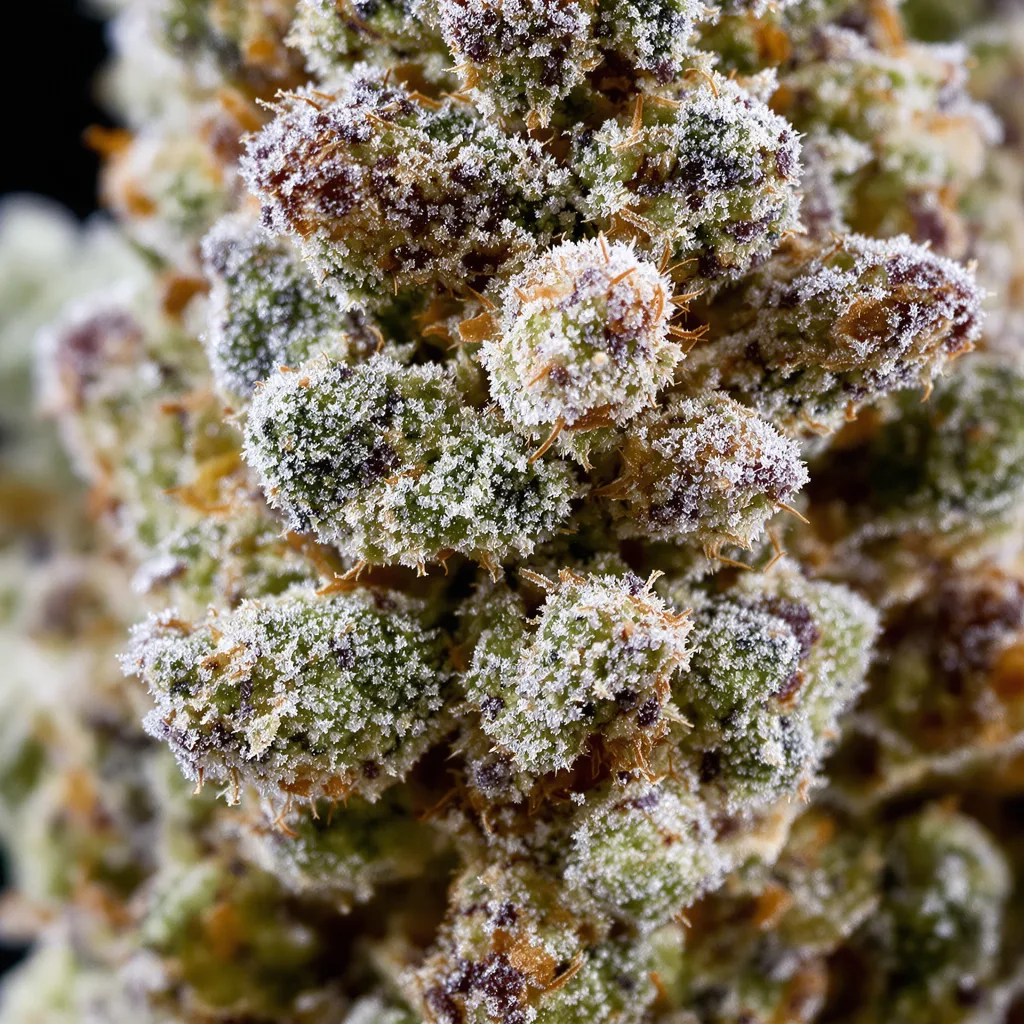 Gros plan de fleur de cannabis Alaska Thunderfuck montrant structure équilibrée avec trichomes givrés