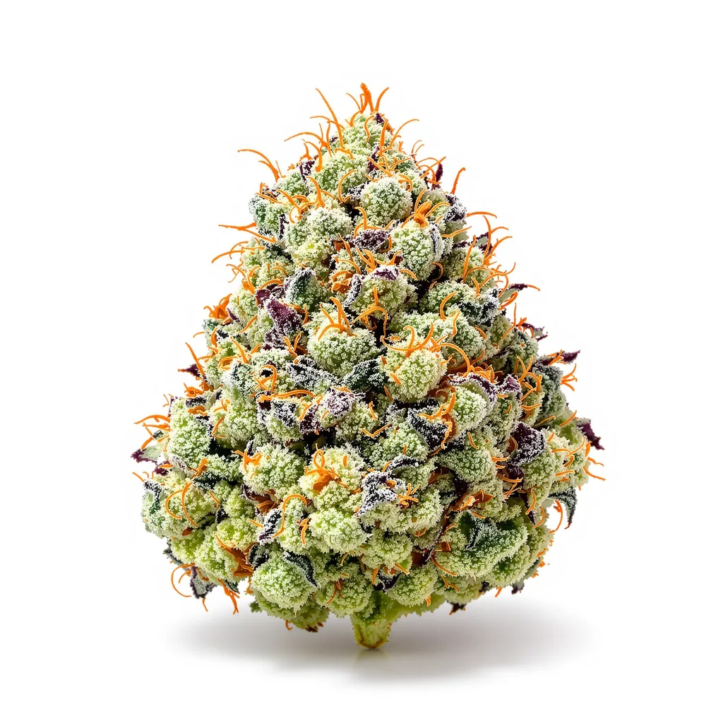 Alaska Thunderfuck 50% indica / 50% sativa — fleur avec trichomes visibles