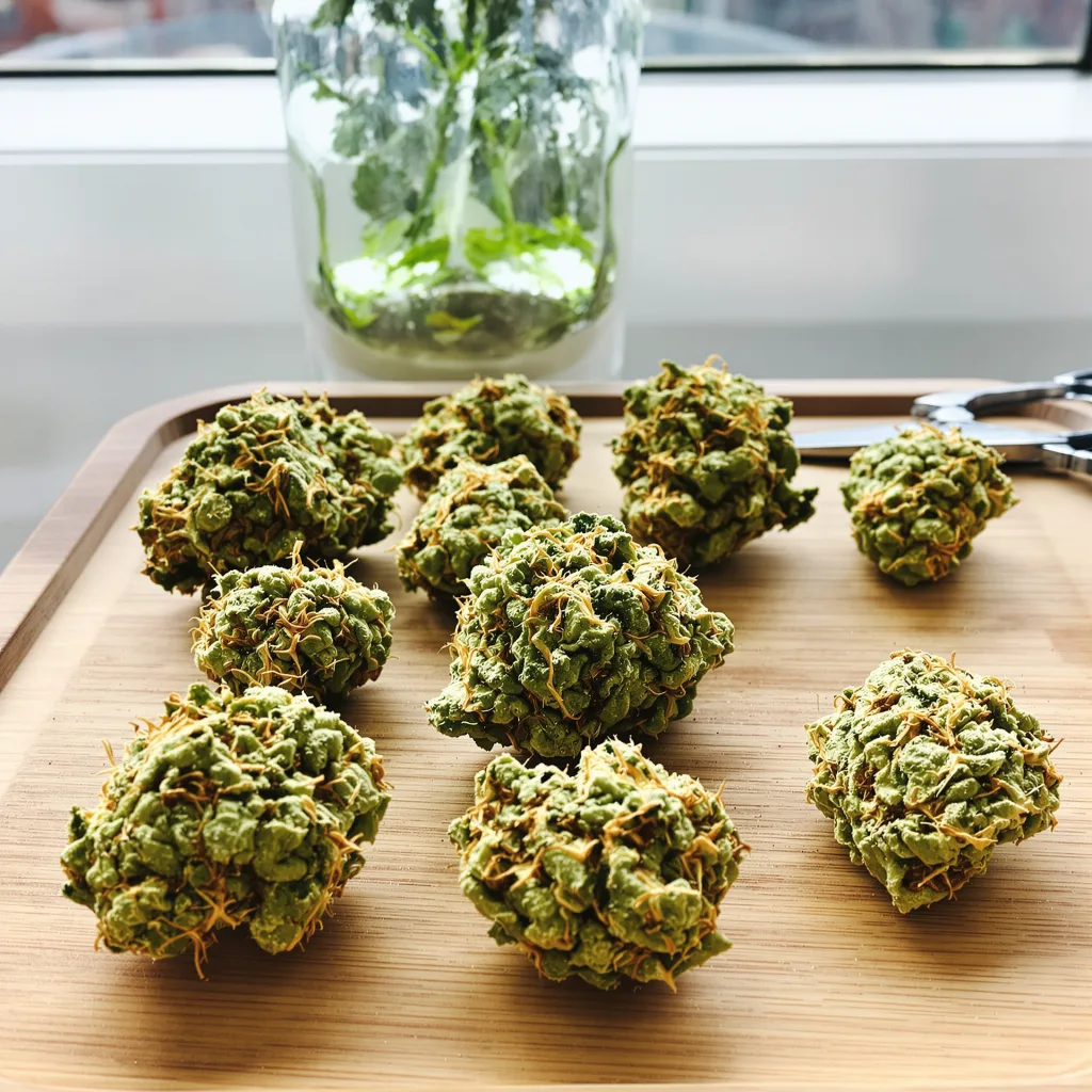 Alaskan Ice 6% indica / 94% sativa — fleur avec trichomes visibles