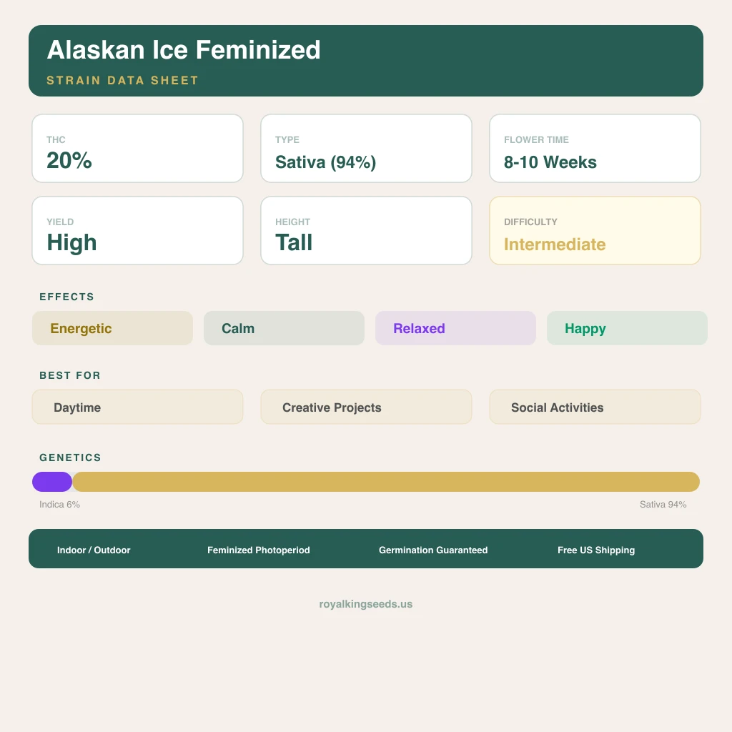 Alaskan Ice 6% indica / 94% sativa — fleur avec trichomes visibles