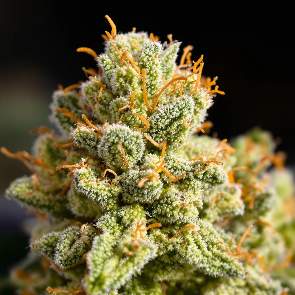 Gros plan de fleur de cannabis Alaskan Ice montrant structure aérée vert lime