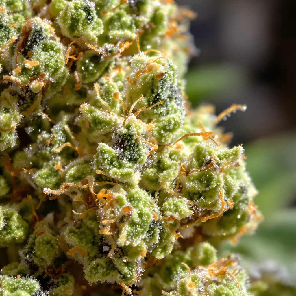 Gros plan de fleur de cannabis Alaskan Thunder Fuck montrant structure aérée vert lime