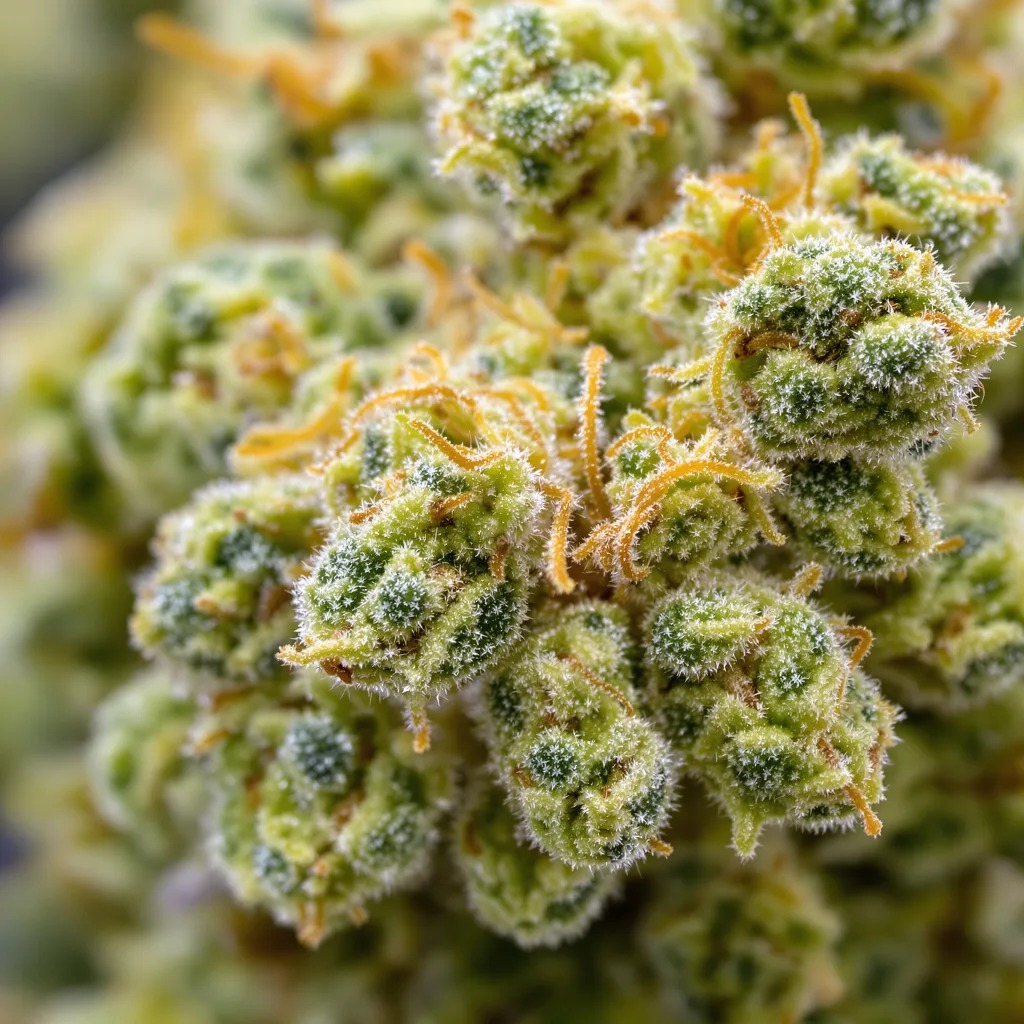 Gros plan de fleur de cannabis Alice In Wonderland montrant structure aérée vert lime