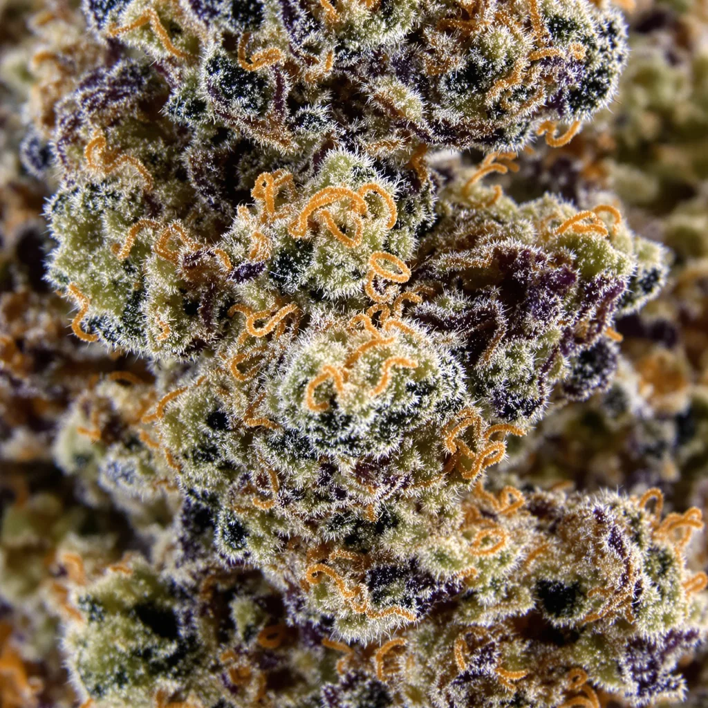 Gros plan de fleur de cannabis Alien Bubba montrant calices denses aux reflets violets