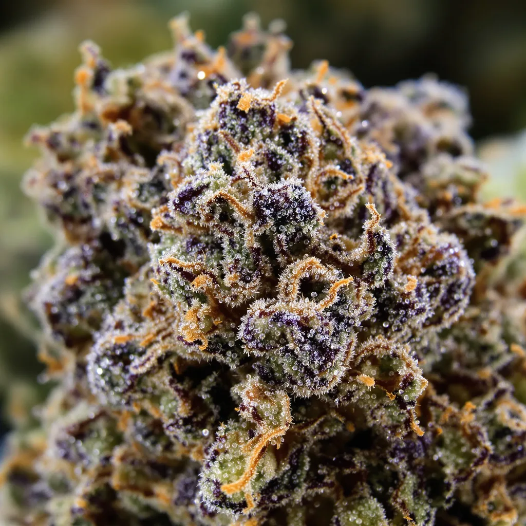 Gros plan de fleur de cannabis Alien Bubba montrant calices denses aux reflets violets