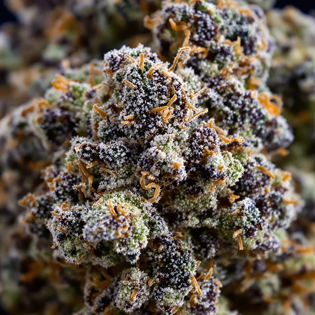 Gros plan de fleur de cannabis Alien Dawg montrant calices denses aux reflets violets
