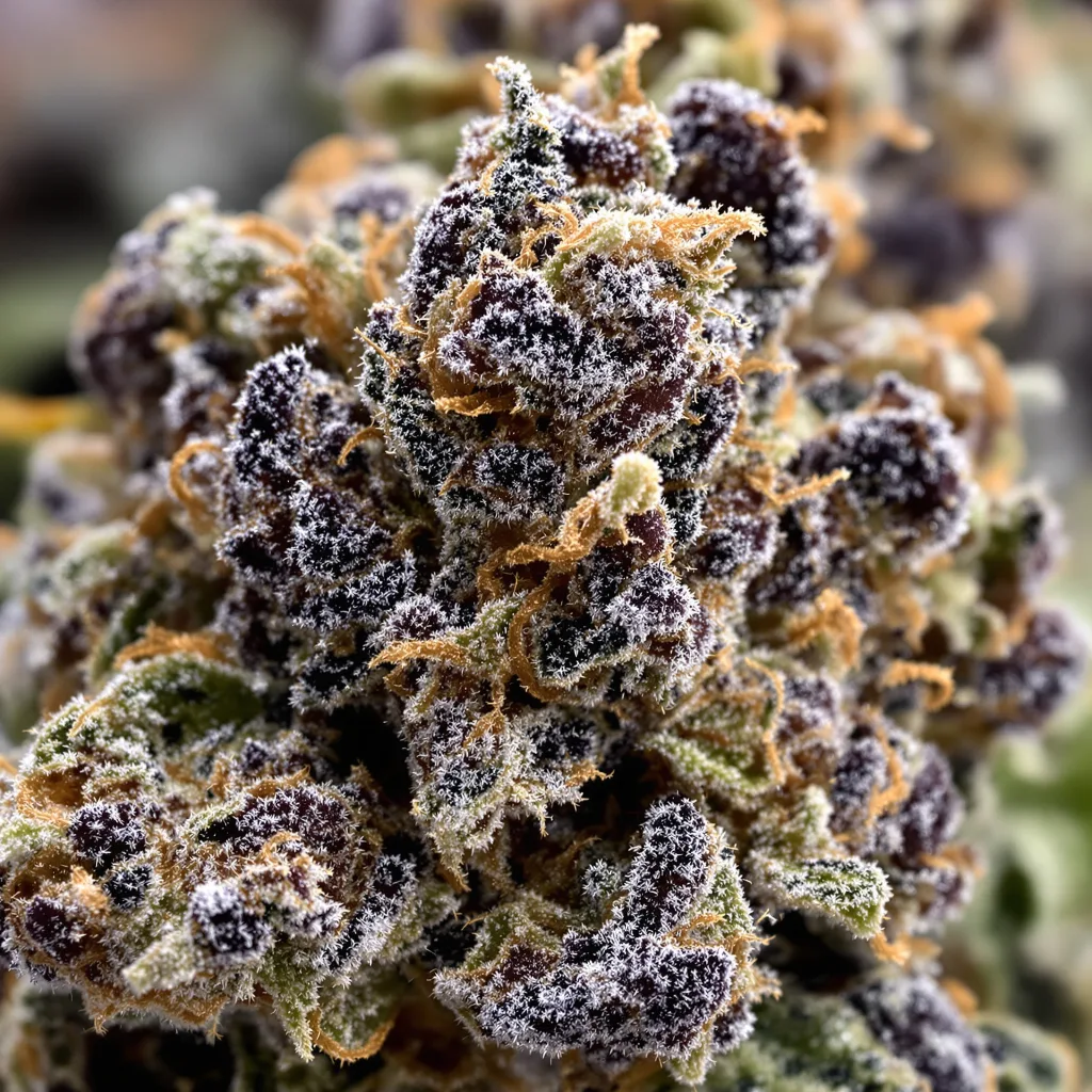 Gros plan de fleur de cannabis Alien Gorilla Glue montrant calices denses aux reflets violets