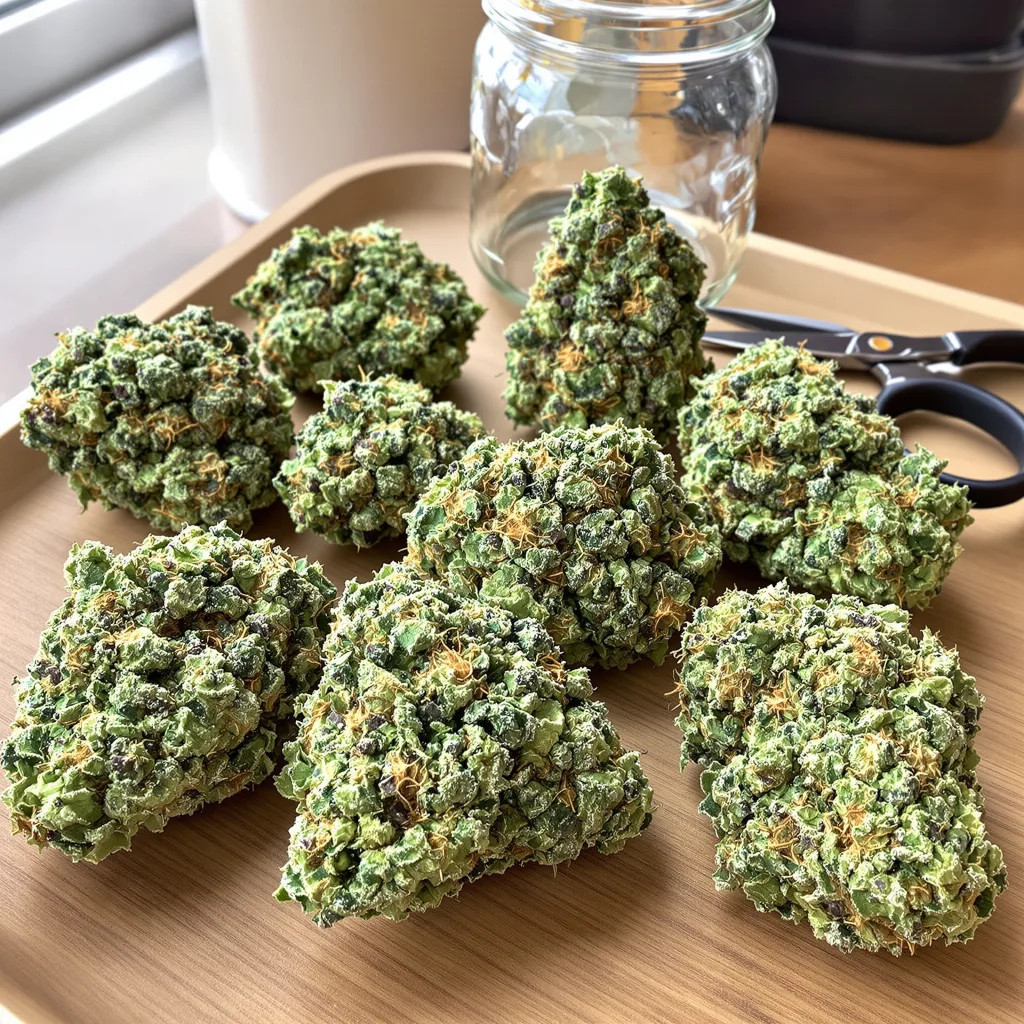 Alien Kush 52% indica / 48% sativa — fleur avec trichomes visibles