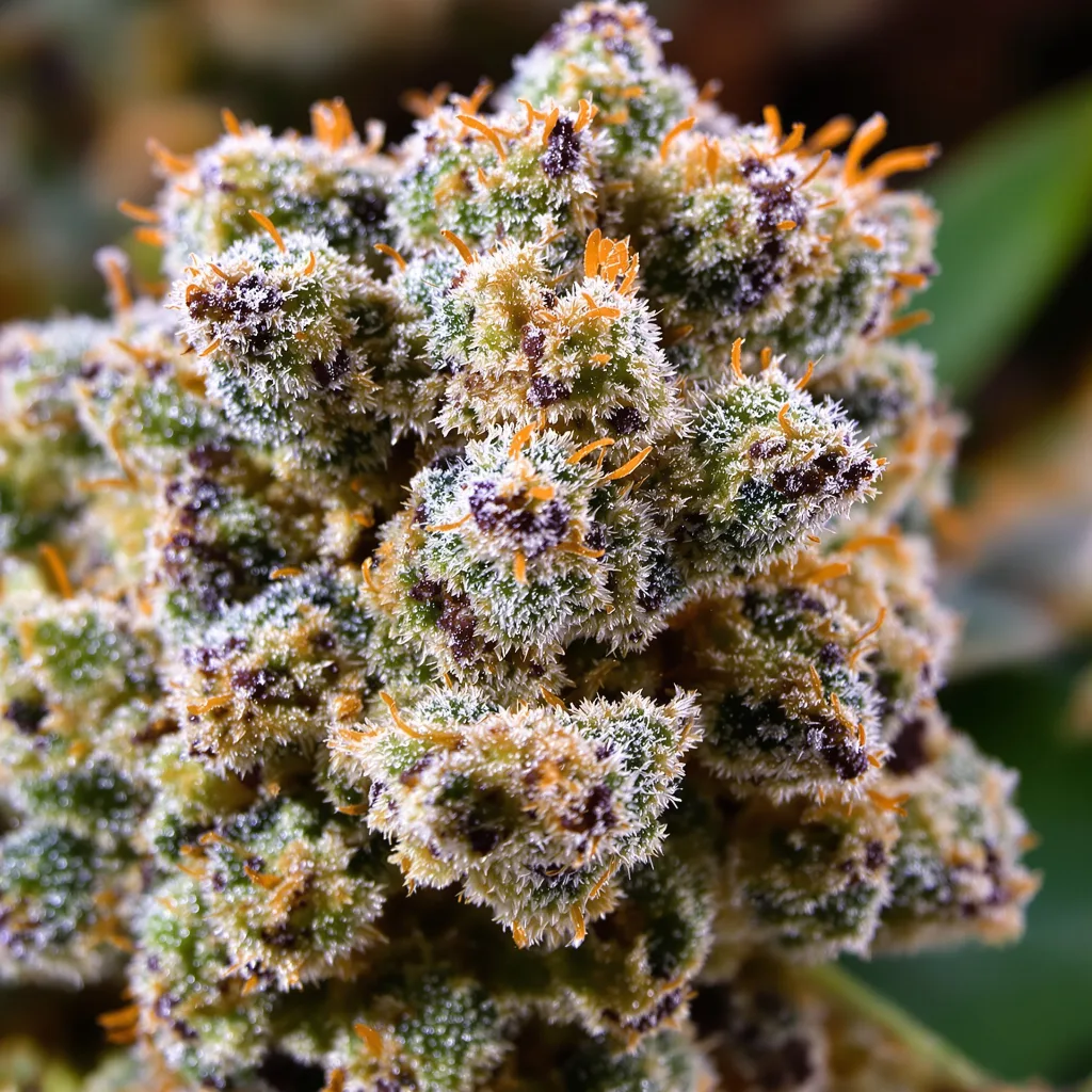 Gros plan de fleur de cannabis Alien Kush montrant structure équilibrée avec trichomes givrés