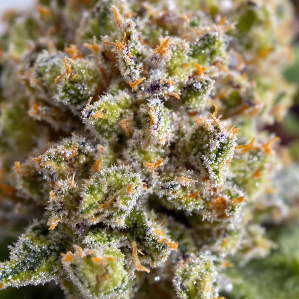 Gros plan de fleur de cannabis Alien Reunion montrant structure équilibrée avec trichomes givrés