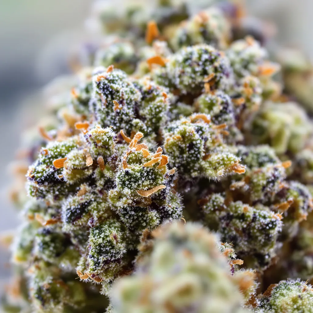 Gros plan de fleur de cannabis Alien Reunion montrant structure équilibrée avec trichomes givrés