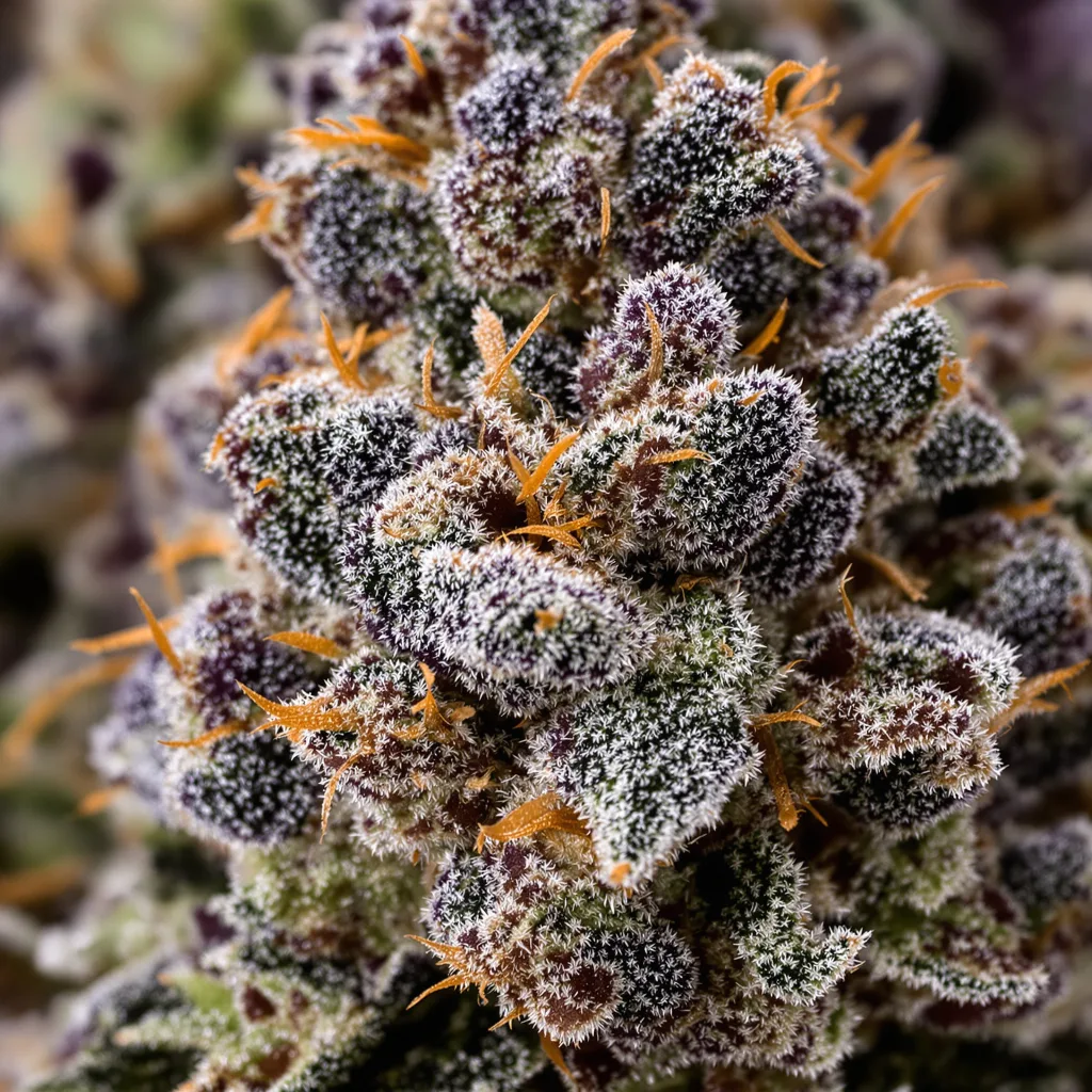 Gros plan de fleur de cannabis Alien Rift montrant calices denses aux reflets violets