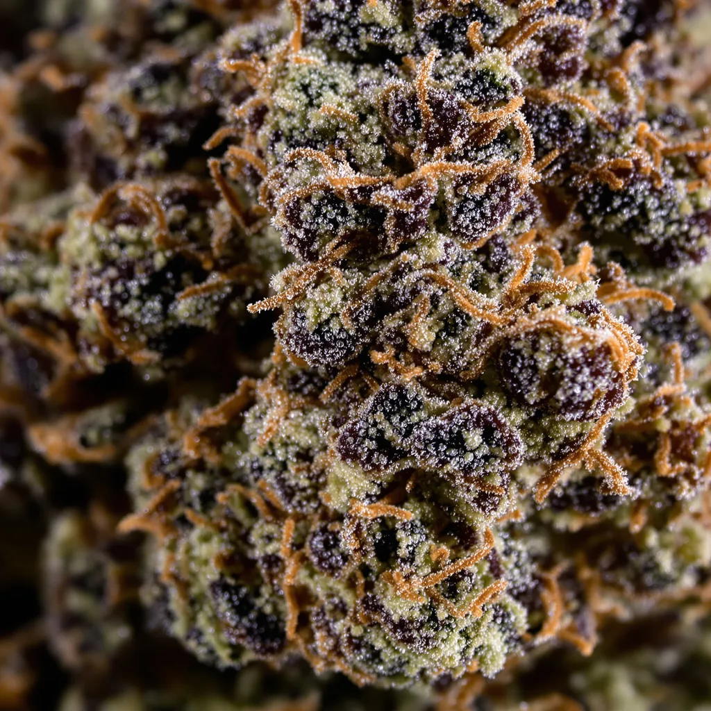 Gros plan de fleur de cannabis Alien Rift montrant calices denses aux reflets violets