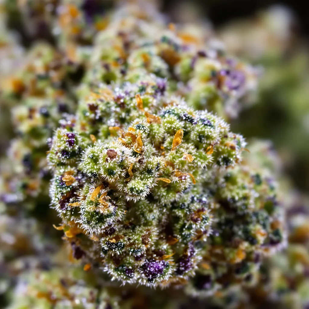 Gros plan de fleur de cannabis Alien Rock Candy montrant structure équilibrée avec trichomes givrés