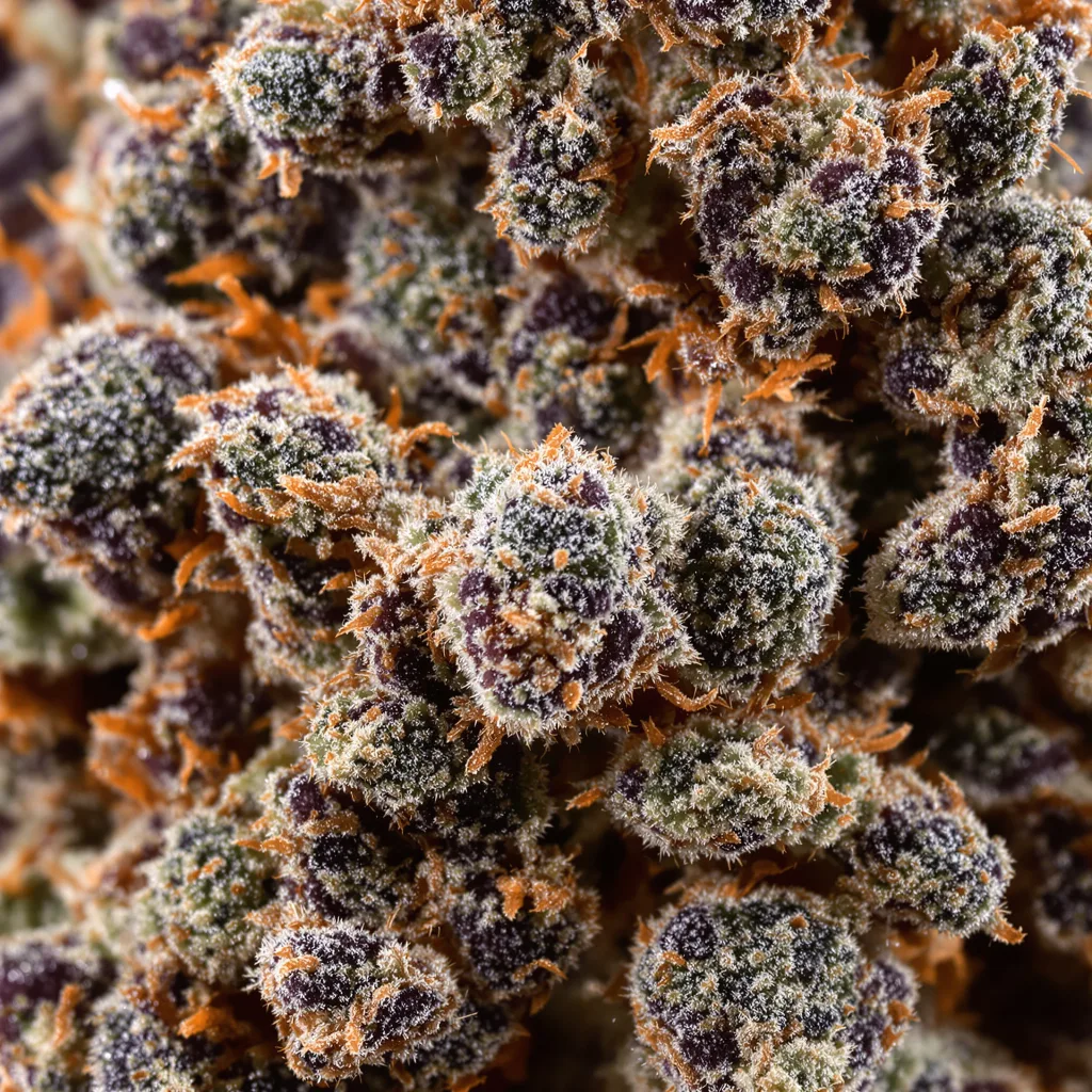 Gros plan de fleur de cannabis Aliens On Moonshine montrant calices denses aux reflets violets