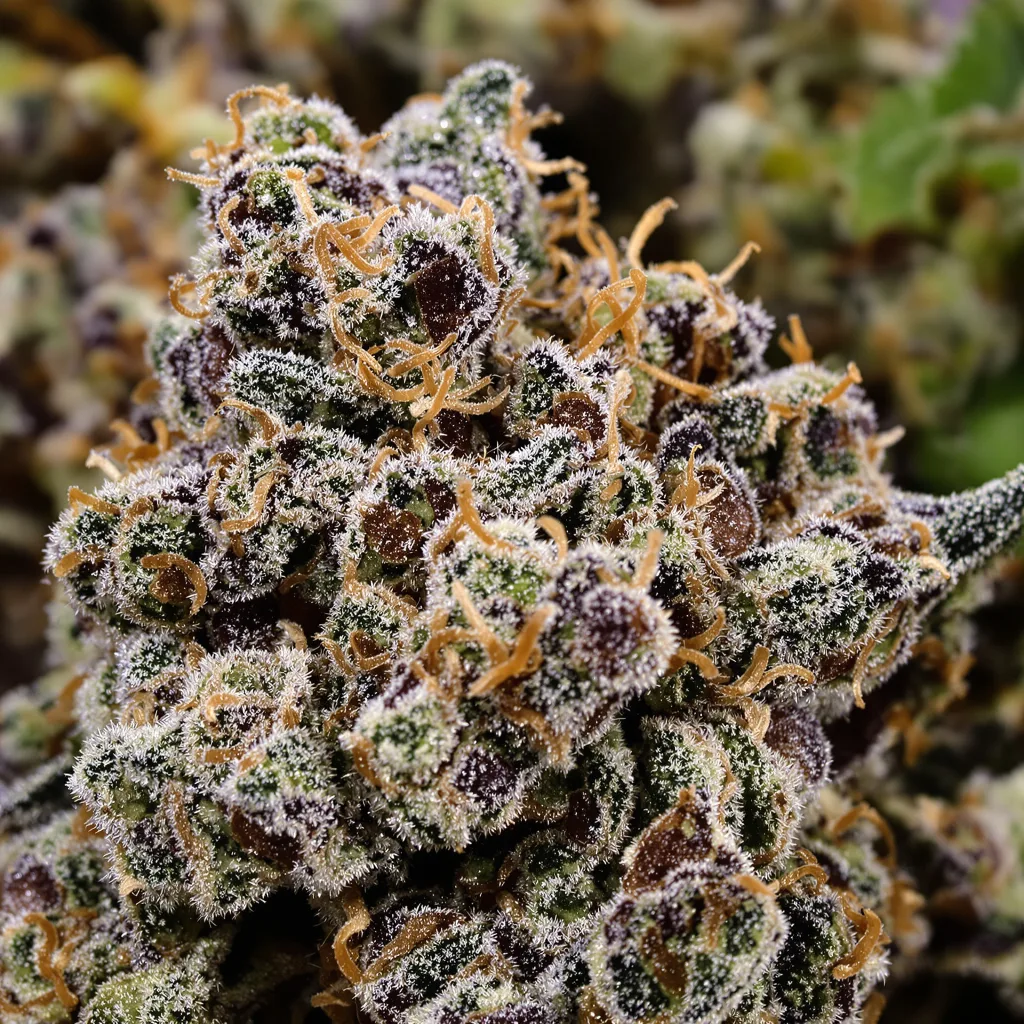 Gros plan de fleur de cannabis Aliens On Moonshine montrant calices denses aux reflets violets