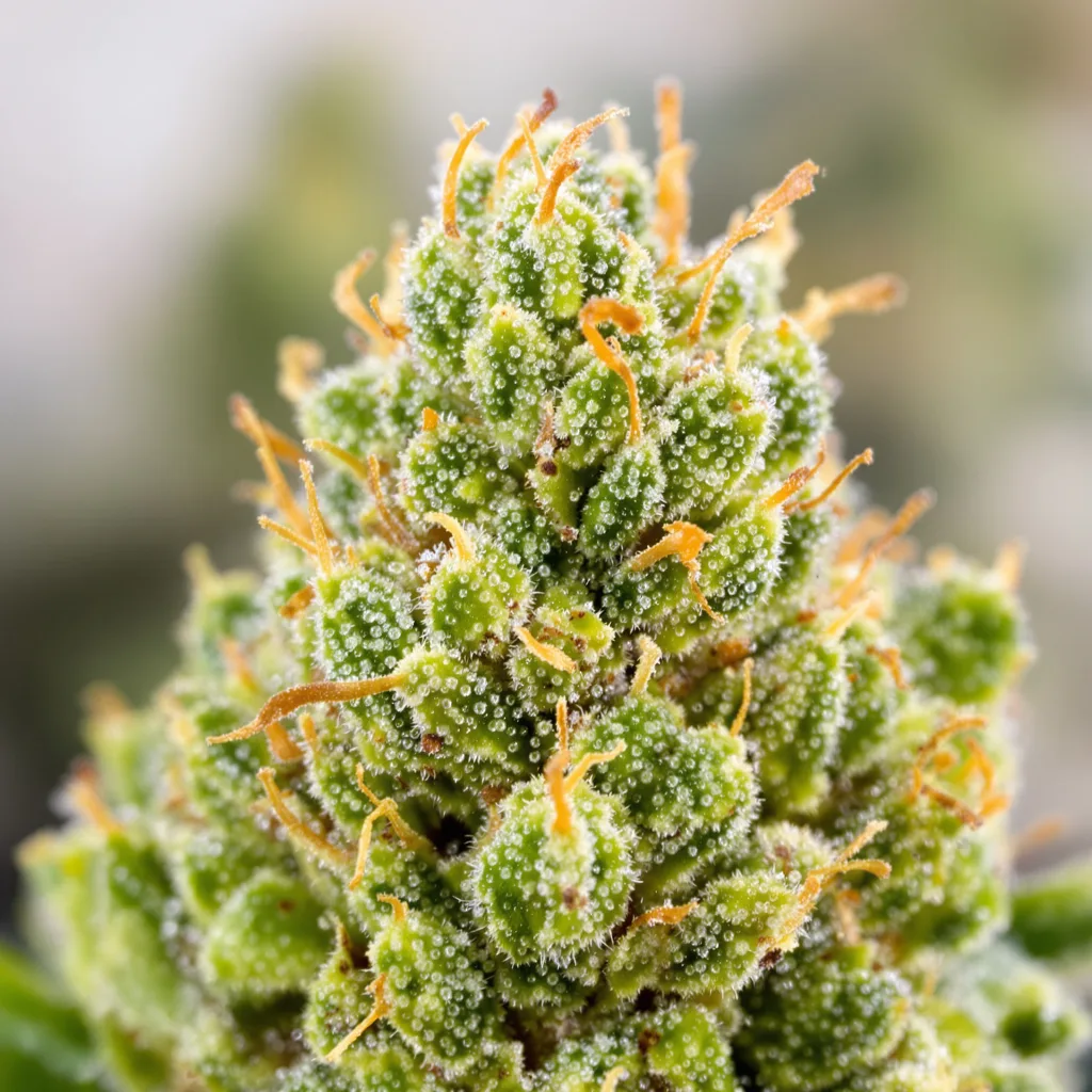 Gros plan de fleur de cannabis Allen Wrench montrant structure aérée vert lime