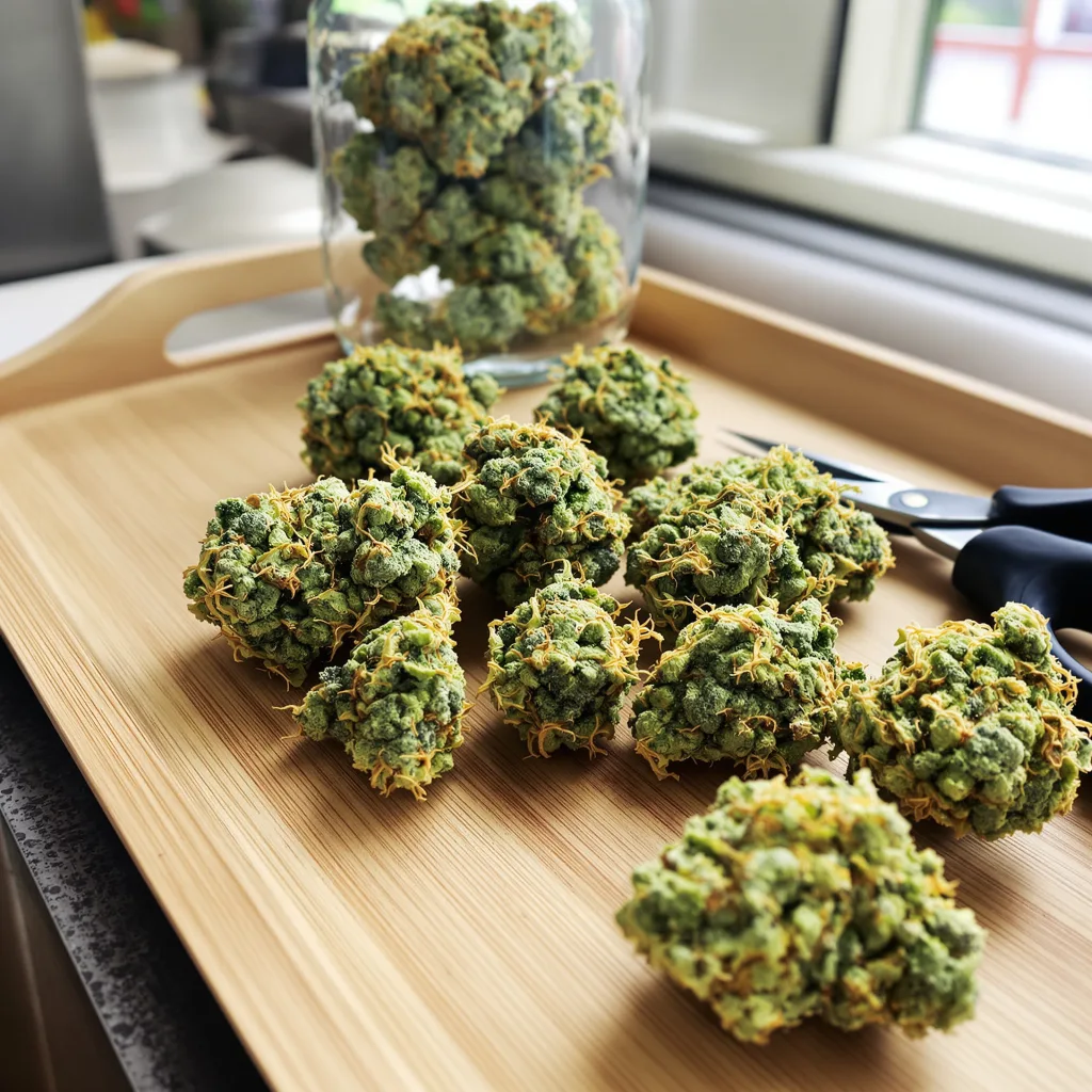 Alpha Blue 24% indica / 76% sativa — fleur avec trichomes visibles