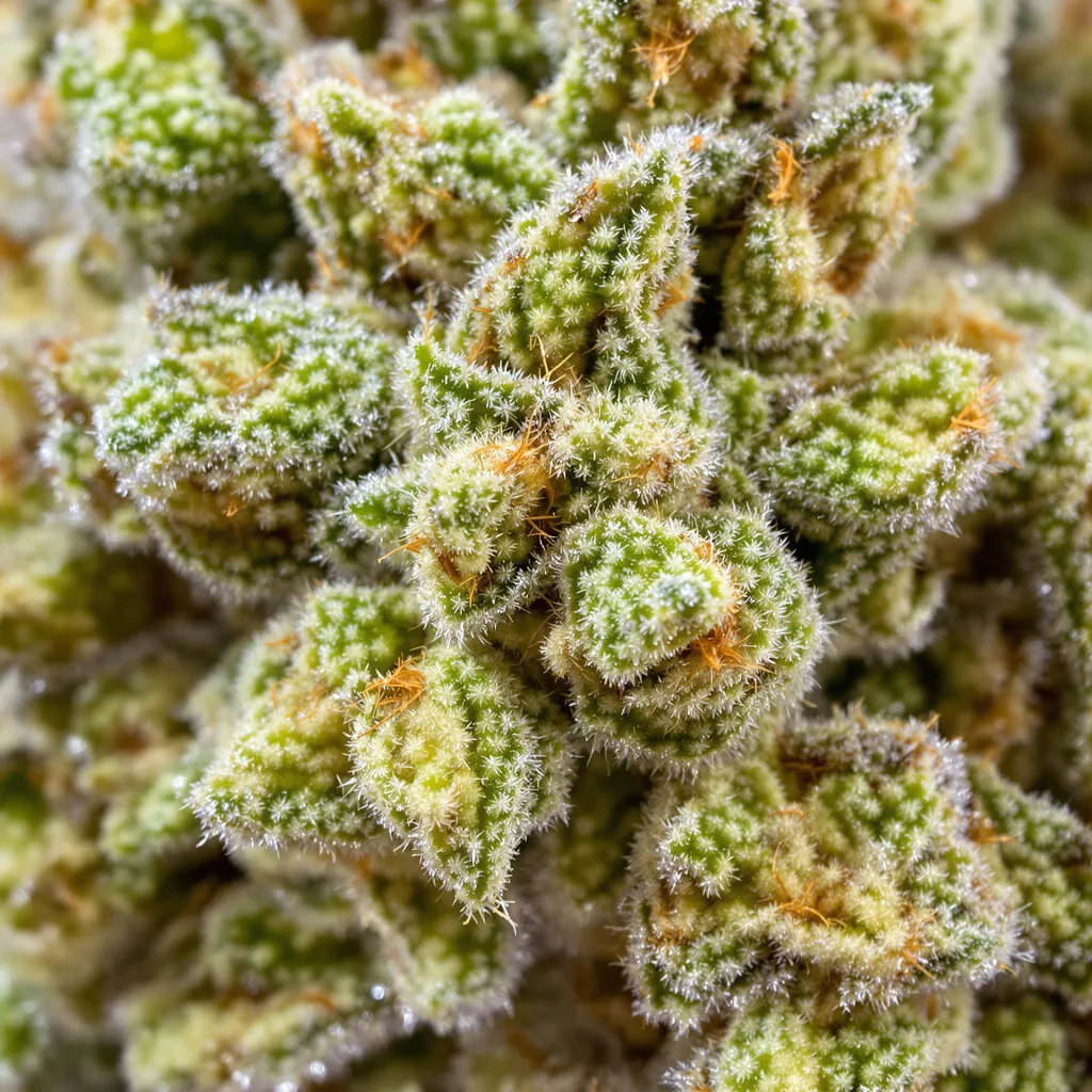 Gros plan de fleur de cannabis Alpha Blue montrant structure aérée vert lime