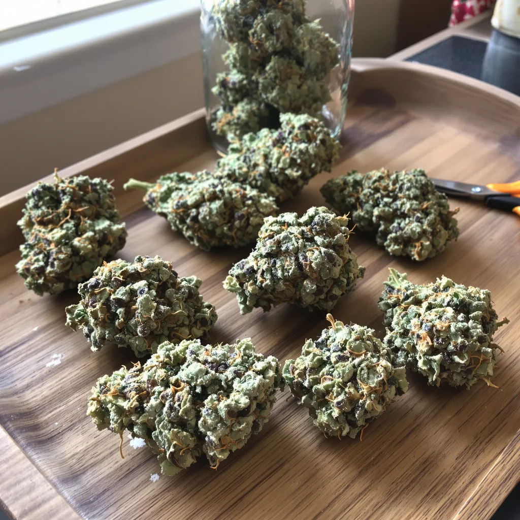Alpine Blue 49% indica / 51% sativa — fleur avec trichomes visibles