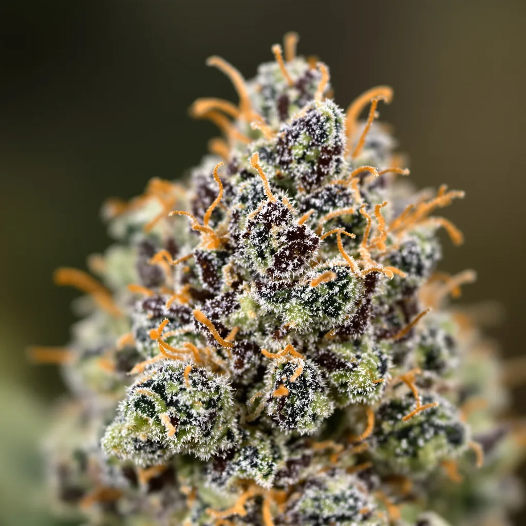 Gros plan de fleur de cannabis Alpine Star montrant calices denses aux reflets violets