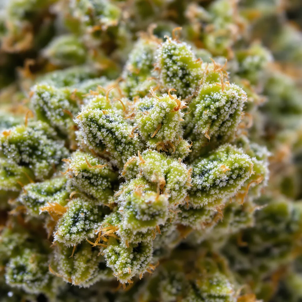 Gros plan de fleur de cannabis Ambrosia montrant structure aérée vert lime