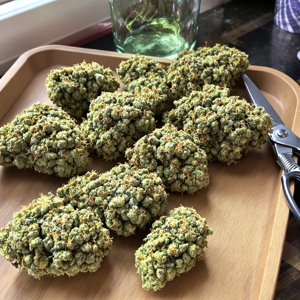 American Haze 16% indica / 84% sativa — fleur avec trichomes visibles