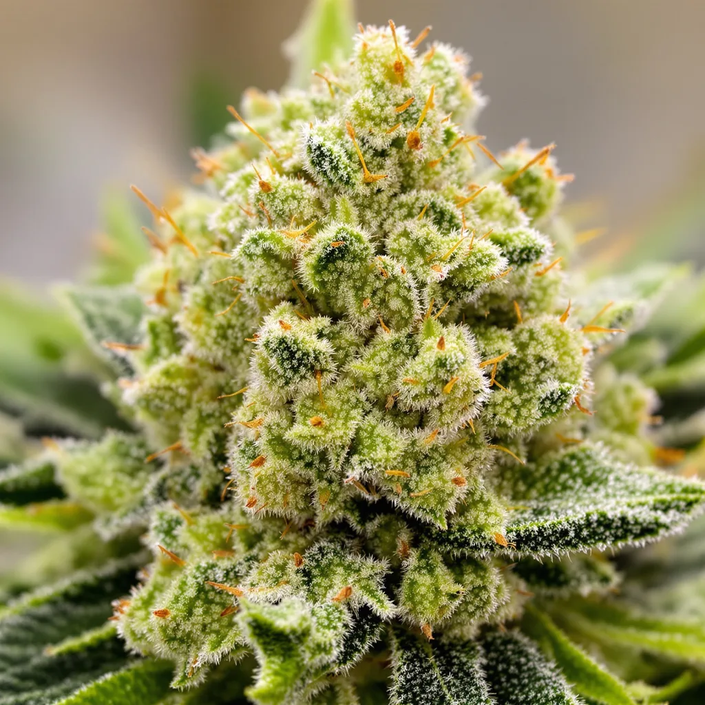 Gros plan de fleur de cannabis American Haze montrant structure aérée vert lime