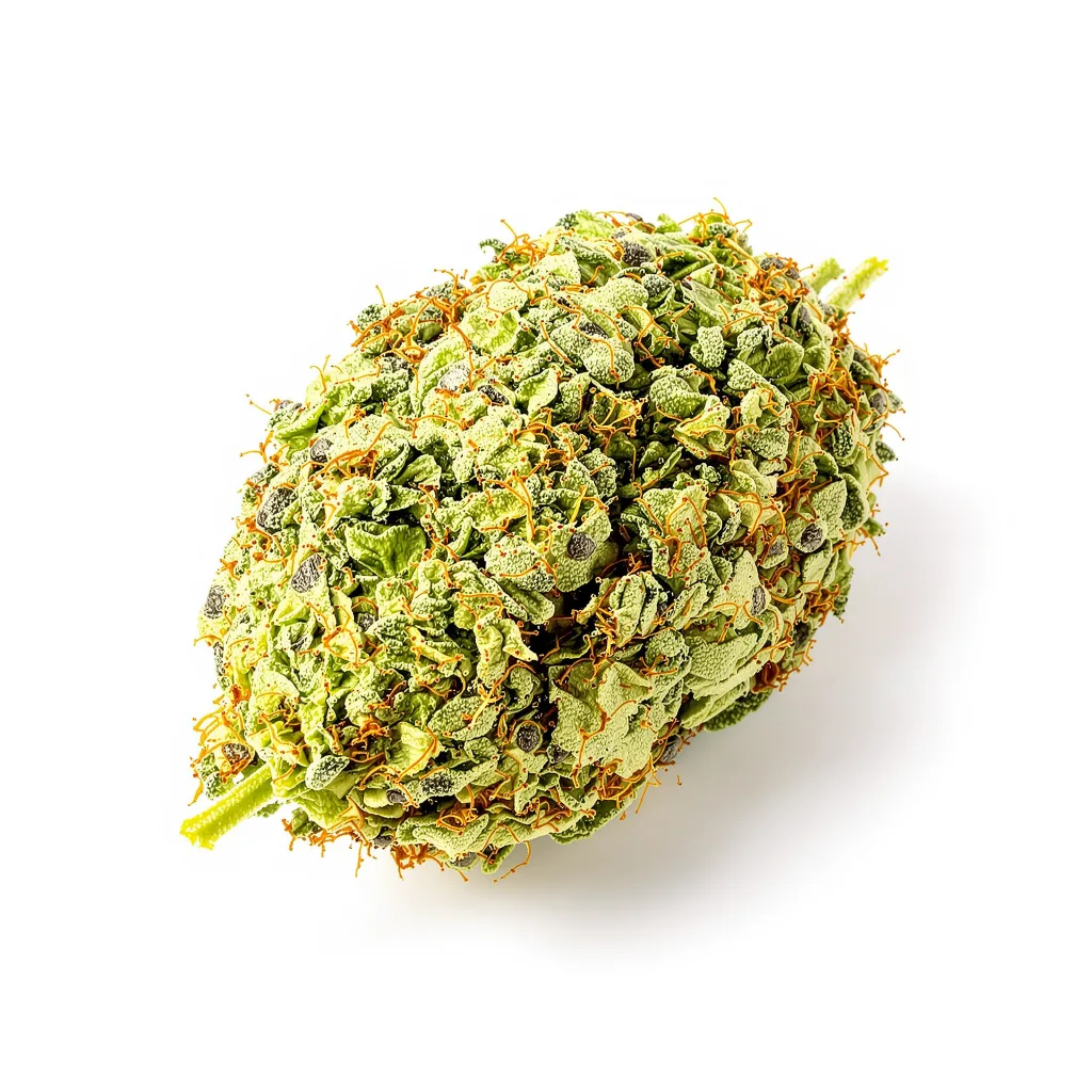 American Haze 16% indica / 84% sativa — fleur avec trichomes visibles