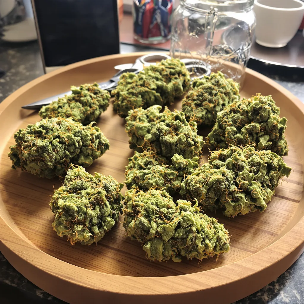 American Haze 16% indica / 84% sativa — fleur avec trichomes visibles