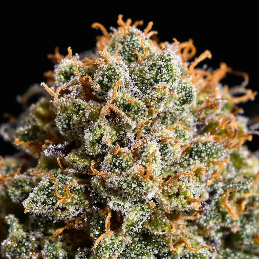 Gros plan de fleur de cannabis American Strains Pack montrant structure ouverte avec pistils orangés