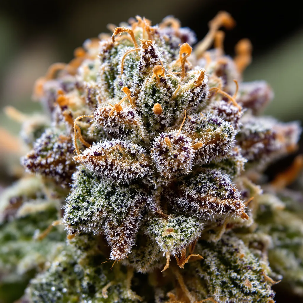 Gros plan de fleur de cannabis Amethyst montrant structure équilibrée avec trichomes givrés