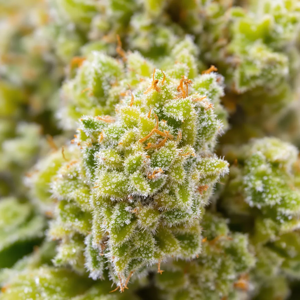 Gros plan de fleur de cannabis Amherst Diesel montrant structure aérée vert lime