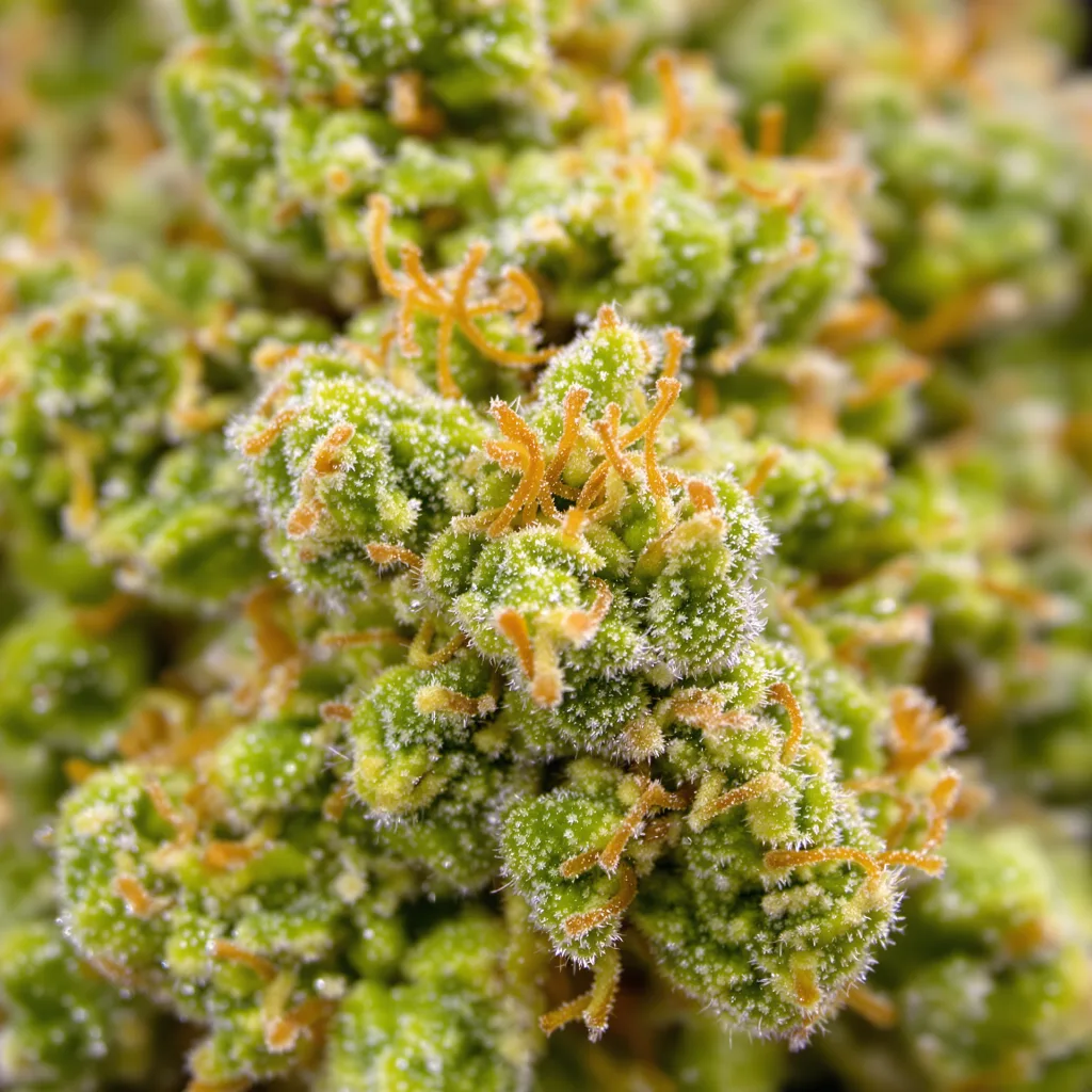 Gros plan de fleur de cannabis Amnesia montrant structure aérée vert lime