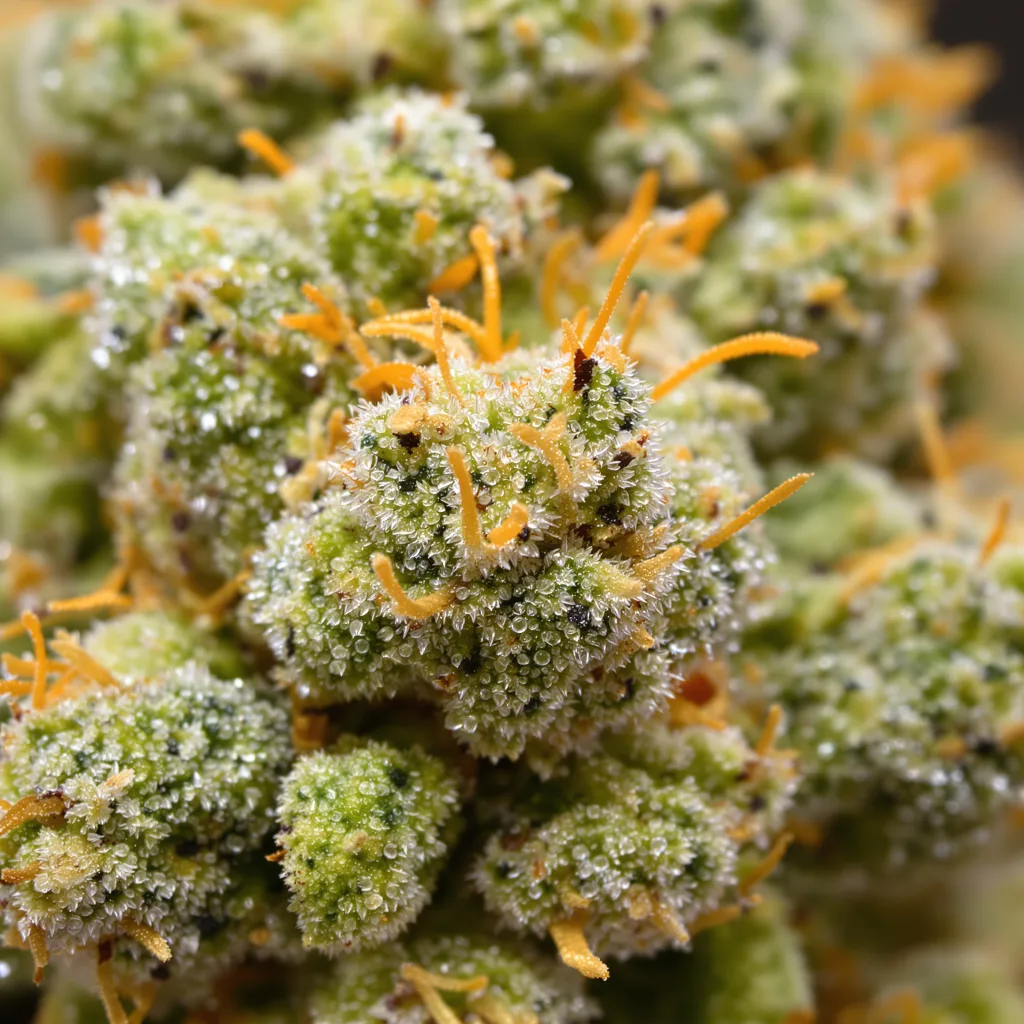 Gros plan de fleur de cannabis Amnesia Haze montrant structure aérée vert lime